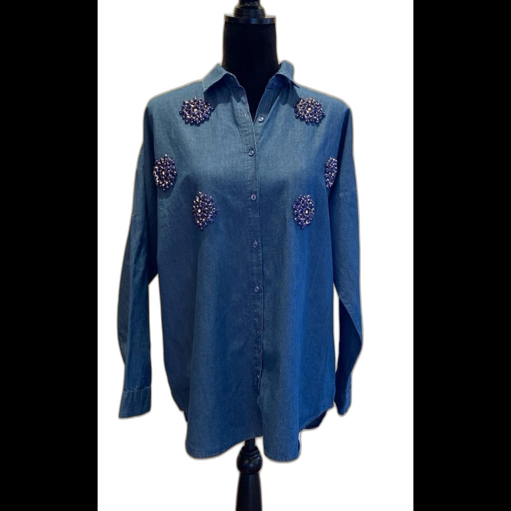 Saloon Button Down Blouse Sz Large‎ Light Denim Cotton Studded Rhinestone Design